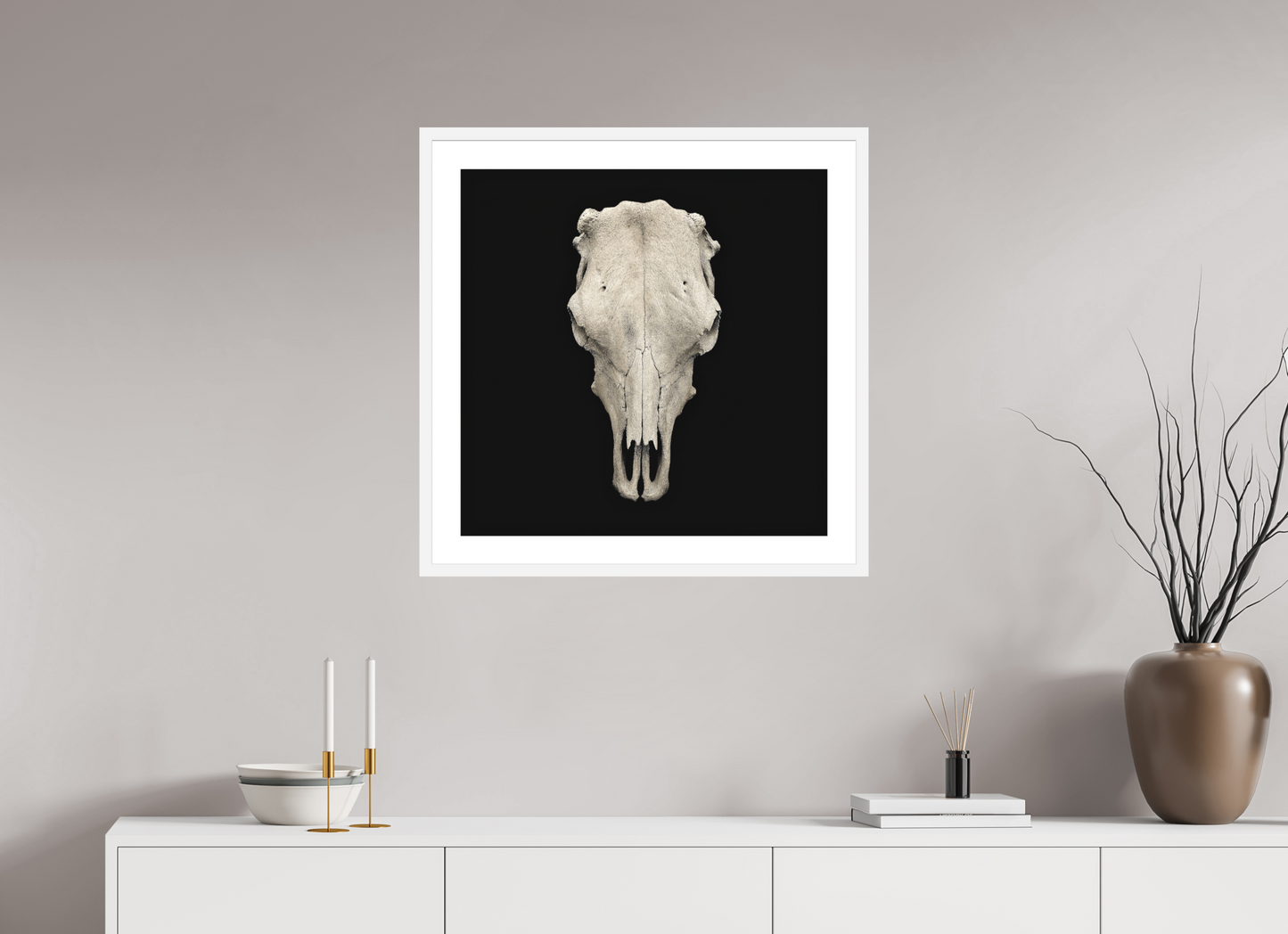 25 x 25″, Solid 0.8" White Wood Frame With 2" Natural White Passe-Partout with Museum Glass Cow Skull