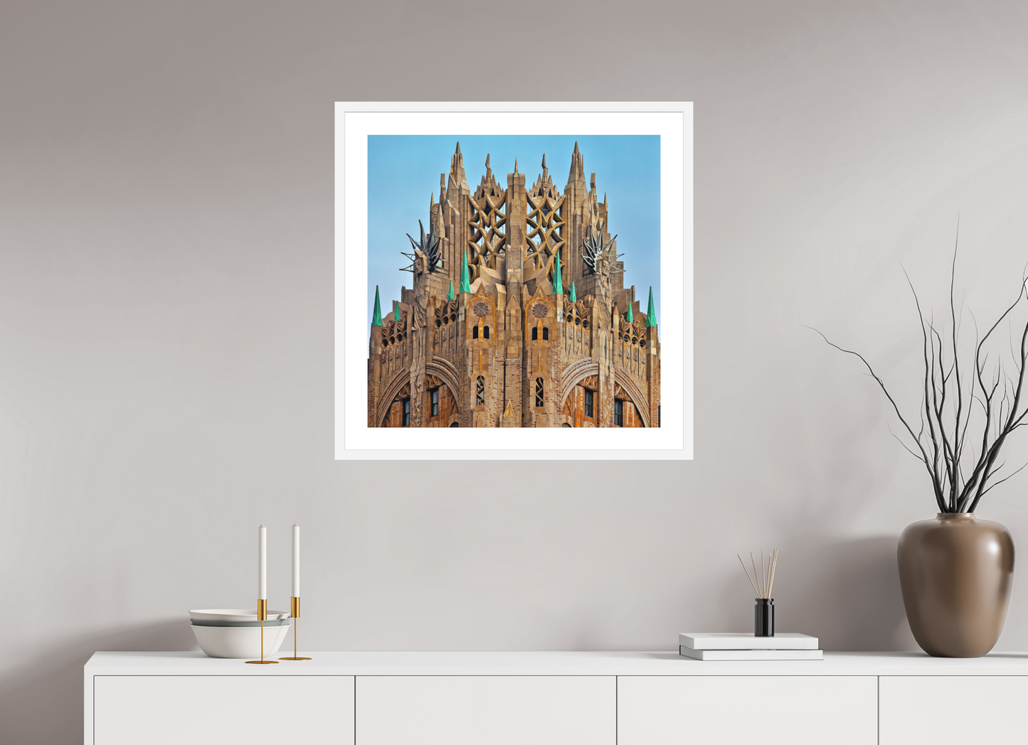 25 x 25″, Solid 0.8" White Wood Frame With 2" Natural White Passe-Partout with Museum Glass Crown of General Electric Building