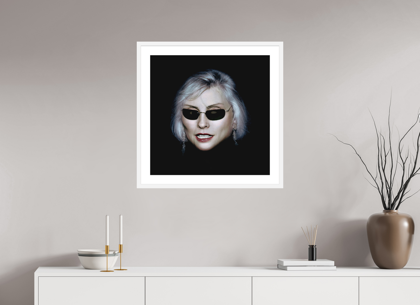 25 x 25″, Solid 0.8" White Wood Frame With 2" Natural White Passe-Partout with Museum Glass Debbie Harry Wearing Glasses