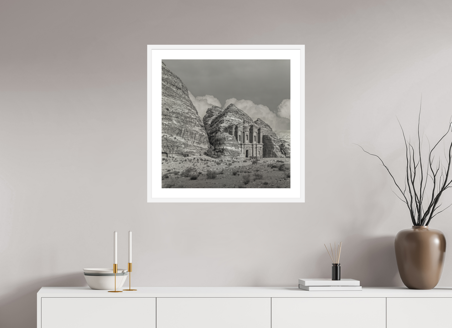 25 x 25″, Solid 0.8" White Wood Frame With 2" Natural White Passe-Partout with Museum Glass #220 Monastary in Petra