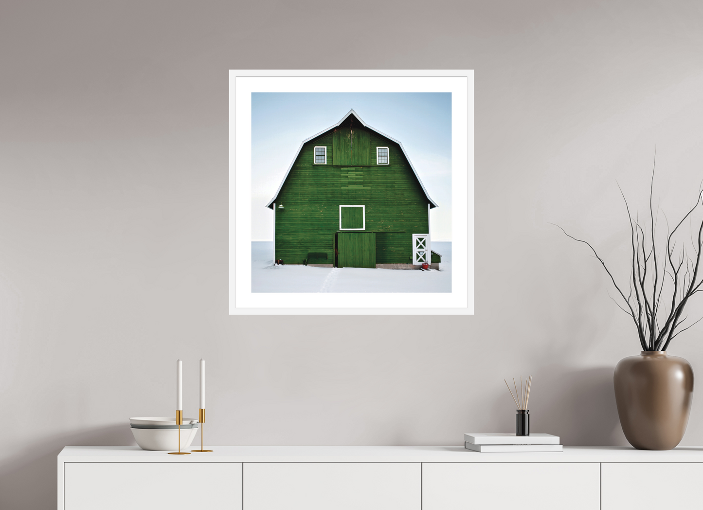25 x 25″, Solid 0.8" White Wood Frame With 2" Natural White Passe-Partout with Museum Glass Green Barn