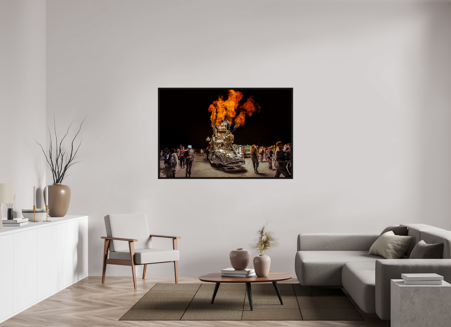 60 x 40″, Floater Frame Burning Man - Art Car with Flames