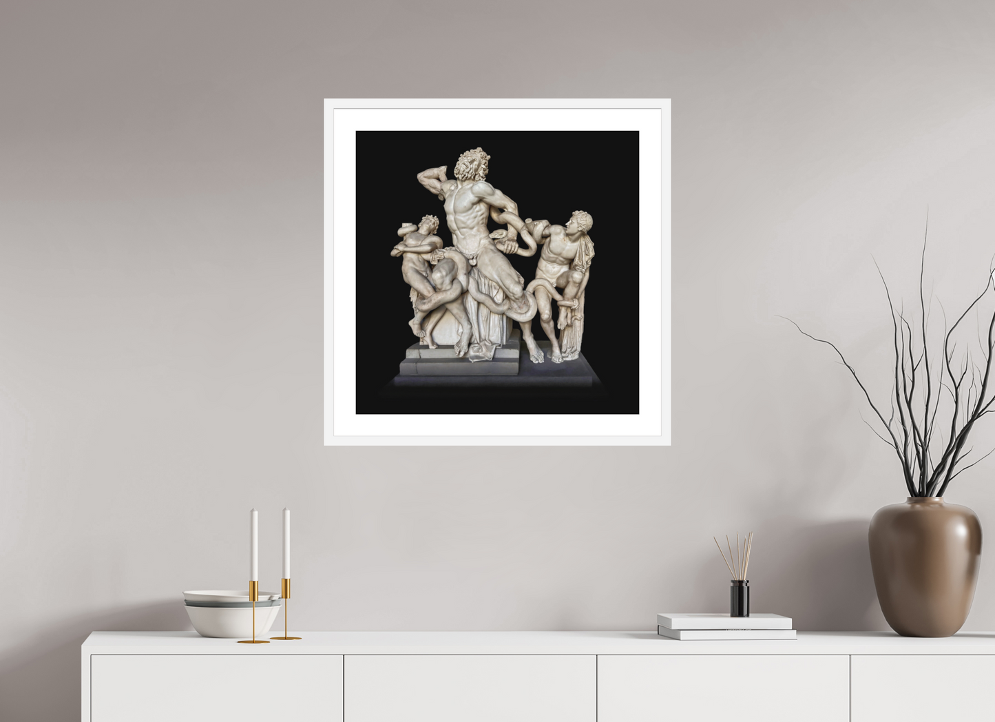 25 x 25″, Solid 0.8" White Wood Frame With 2" Natural White Passe-Partout with Museum Glass Laocoön and his Sons Roman Sculpture