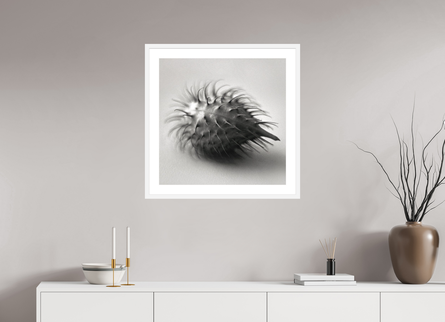 25 x 25″, Solid 0.8" White Wood Frame With 2" Natural White Passe-Partout with Museum Glass Pod