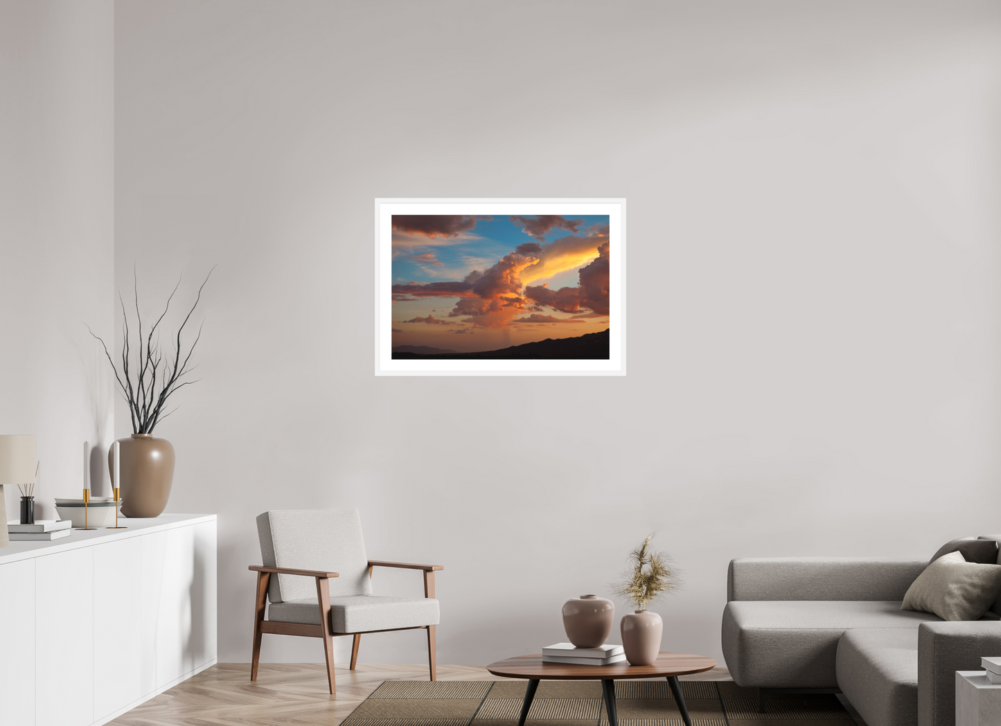 36 x 24″, Solid 0.8" White Wood Frame With 2" Natural White Passe-Partout with Museum Glass Sunset Clouds and Mountains