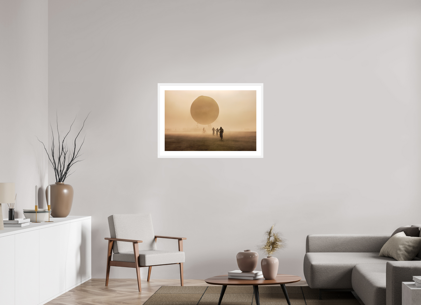 36 x 24″, Solid 0.8" White Wood Frame With 2" Natural White Passe-Partout with Museum Glass Burning Man - Weather Balloon and Bikers