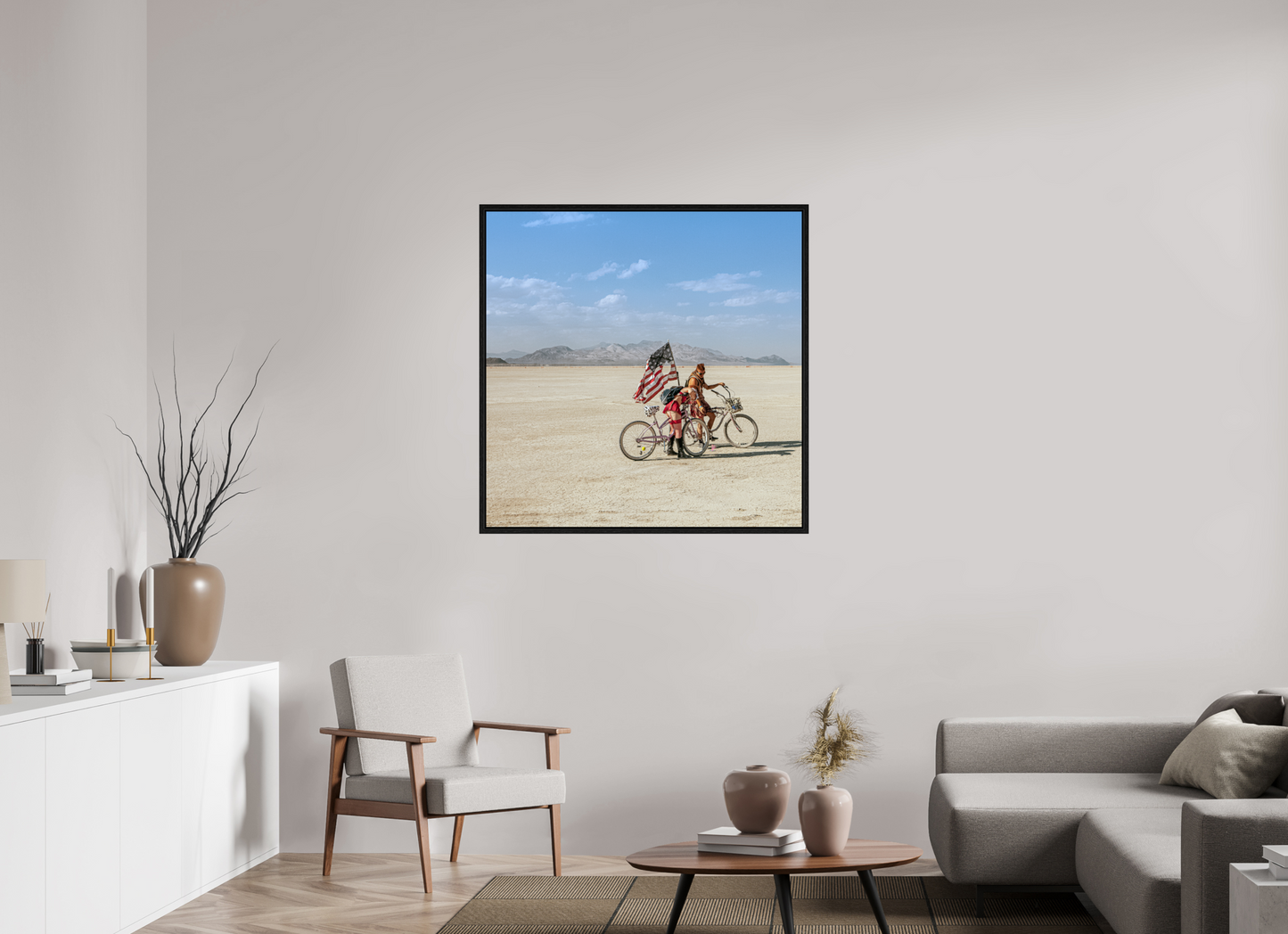 40 x 40″, Floater Frame Burning Man - Two with Bikes and USA Flag