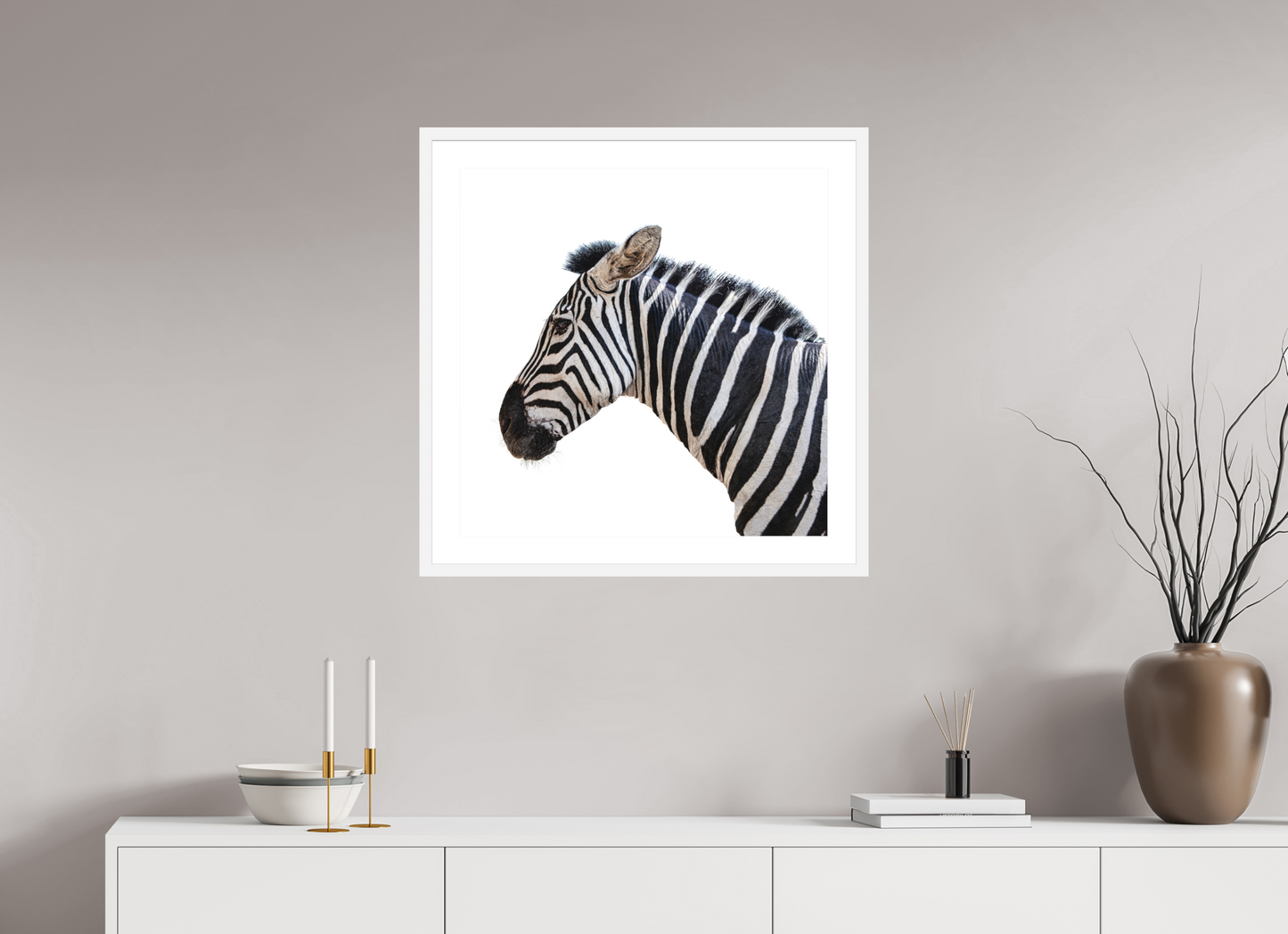 25 x 25″, Solid 0.8" White Wood Frame With 2" Natural White Passe-Partout with Museum Glass Zebra