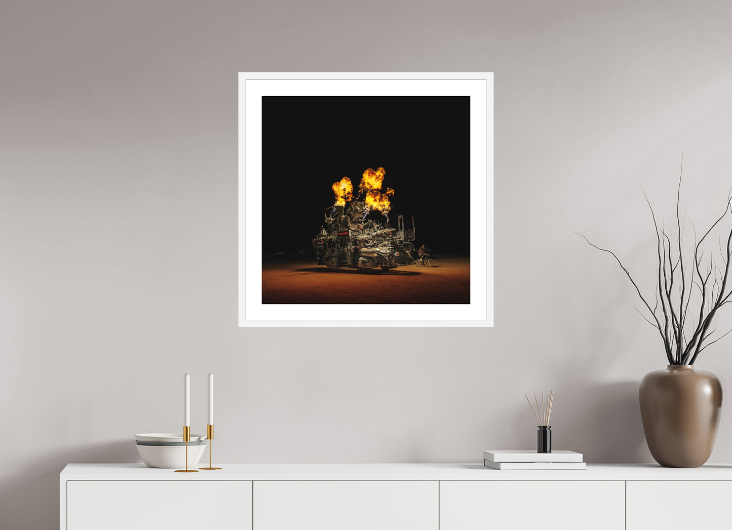 25 x 25″, Solid 0.8" White Wood Frame With 2" Natural White Passe-Partout with Museum Glass Burning Man - Art Car Rabid Transit