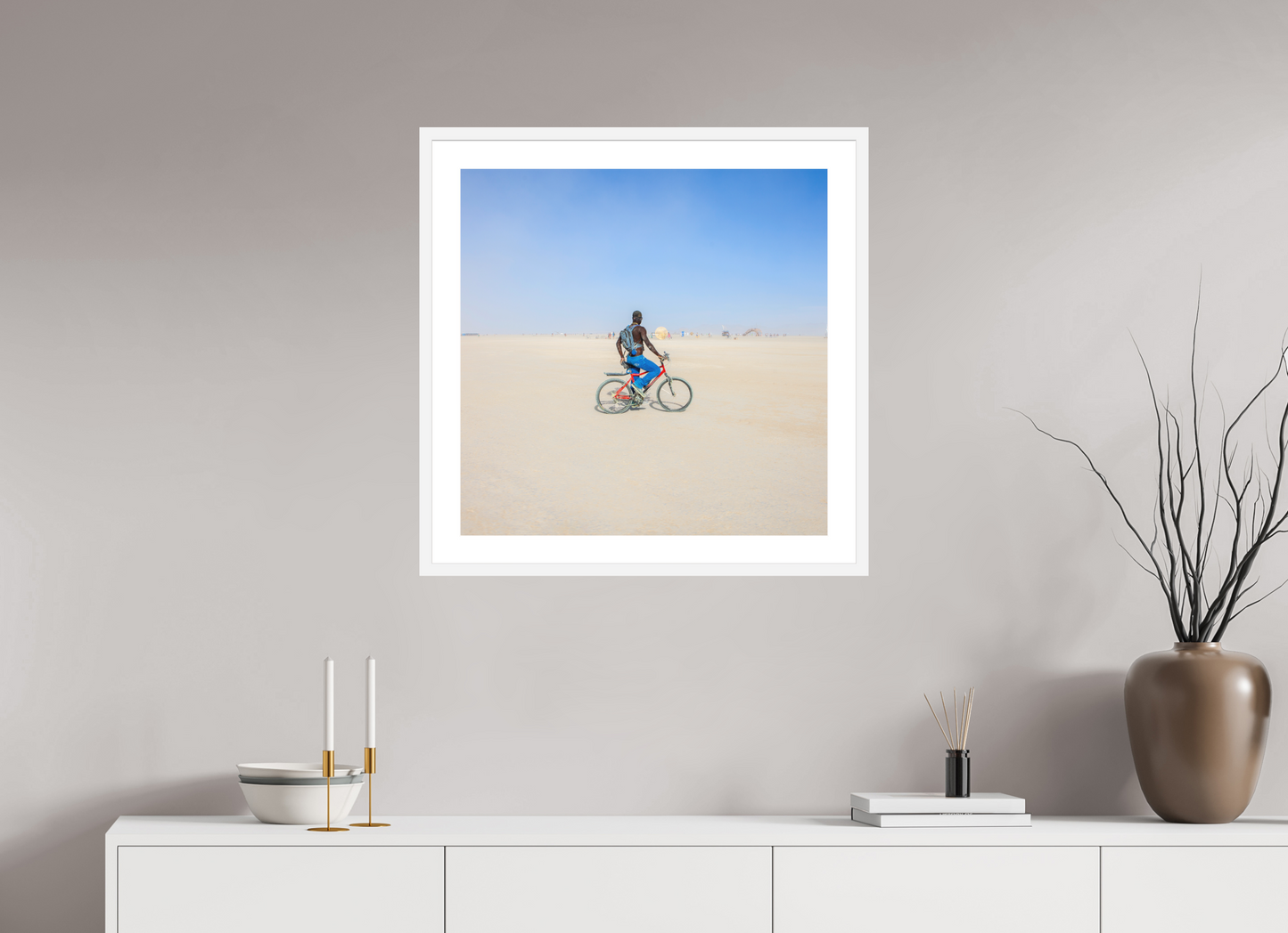 25 x 25″, Solid 0.8" White Wood Frame With 2" Natural White Passe-Partout with Museum Glass Burning Man - Man on Red Bike