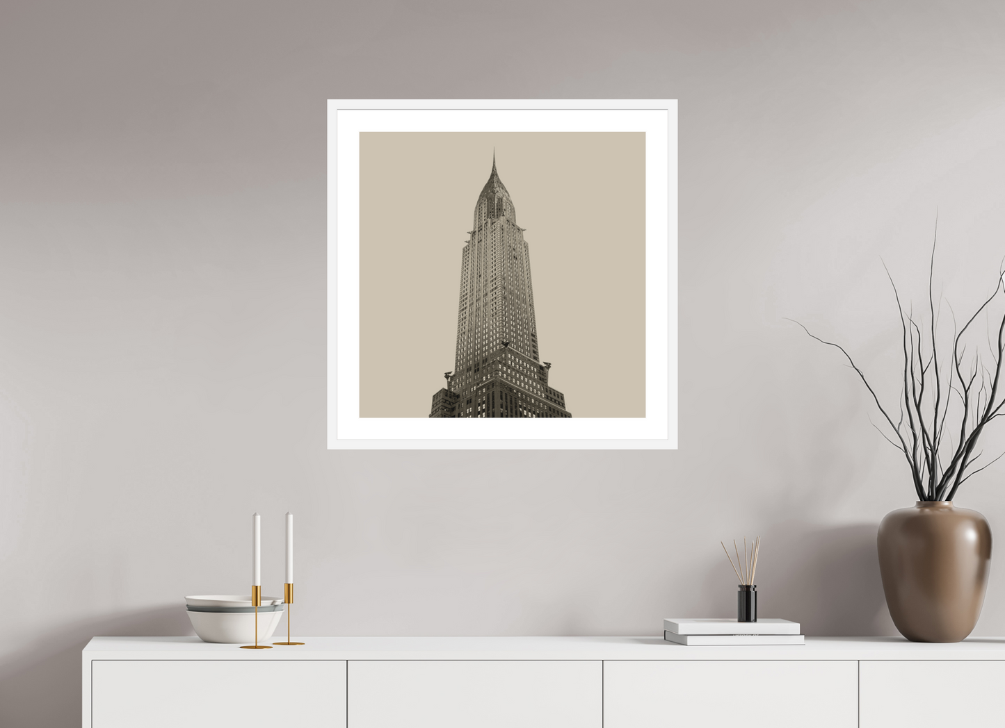 25 x 25″, Solid 0.8" White Wood Frame With 2" Natural White Passe-Partout with Museum Glass Chrysler Building, NY