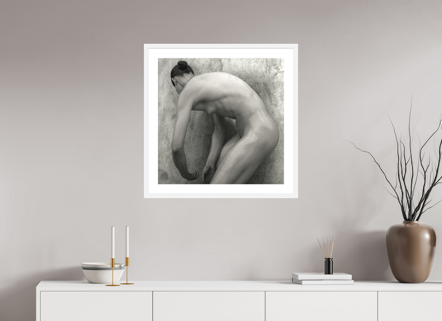 25 x 25″, Solid 0.8" White Wood Frame With 2" Natural White Passe-Partout with Museum Glass Nude No. 60 - square