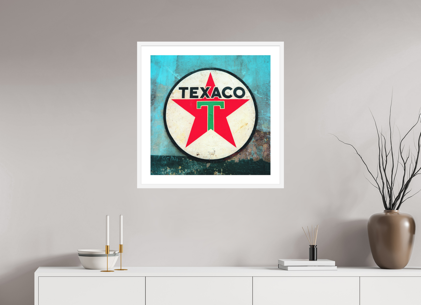 25 x 25″, Solid 0.8" White Wood Frame With 2" Natural White Passe-Partout with Museum Glass Texaco Sign Cuba