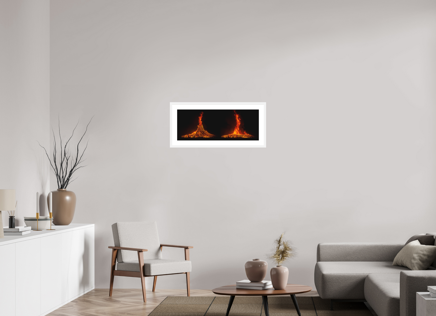 31 x 12″, Solid 0.8" White Wood Frame With 2" Natural White Passe-Partout with Museum Glass Burning Man - Temple Burn