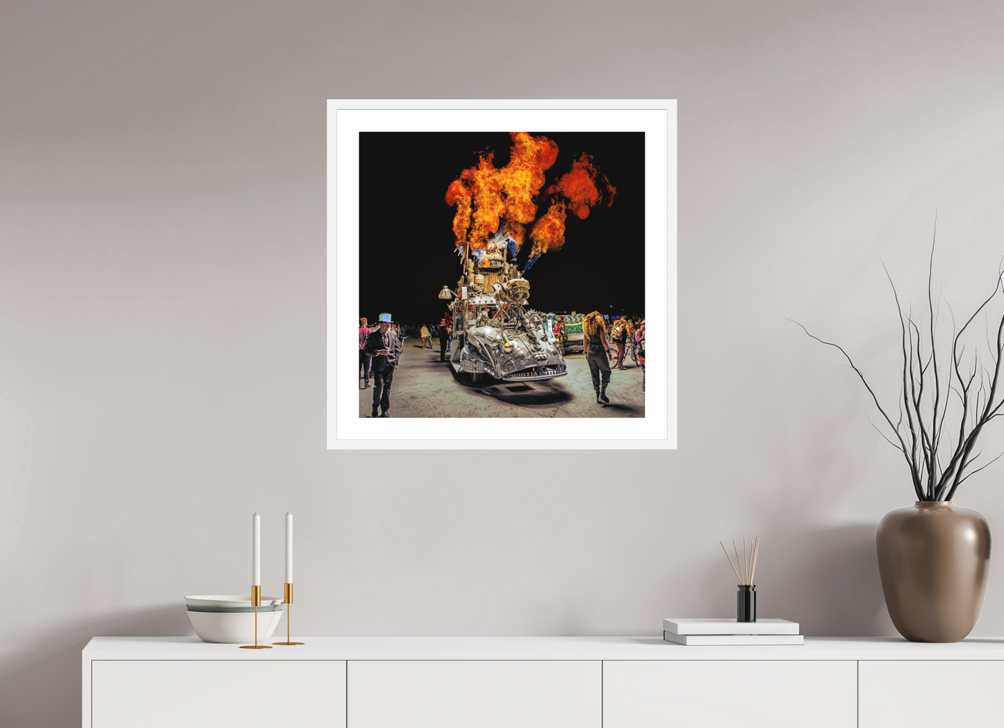 25 x 25″, Solid 0.8" White Wood Frame With 2" Natural White Passe-Partout with Museum Glass Burning Man - Art Car with Flames (square format)