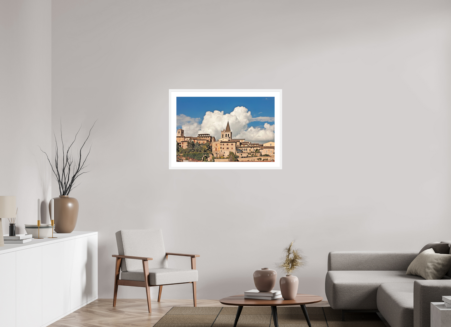 36 x 24″, Solid 0.8" White Wood Frame With 2" Natural White Passe-Partout with Museum Glass Town of Spello Umbria