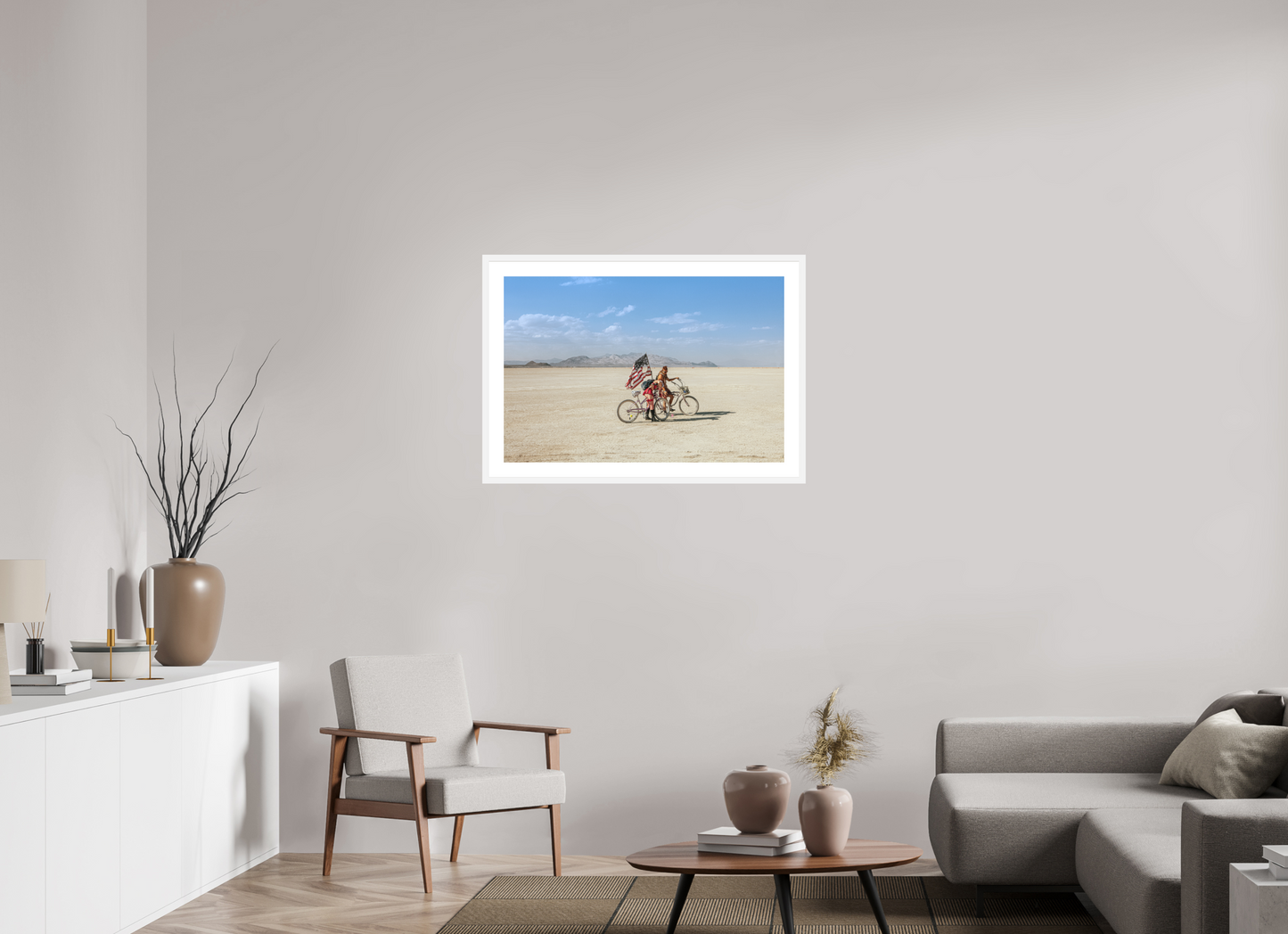 36 x 24″, Solid 0.8" White Wood Frame With 2" Natural White Passe-Partout with Museum Glass Burning Man - Two with Bikes and USA Flag