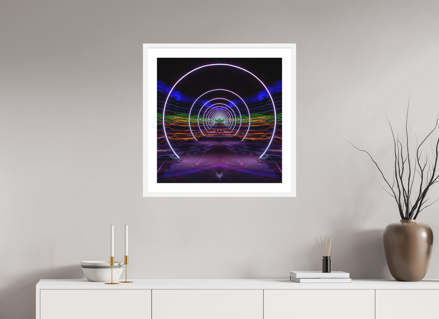 25 x 25″, Solid 0.8" White Wood Frame With 2" Natural White Passe-Partout with Museum Glass Burning Man - Concentric Circles of Light