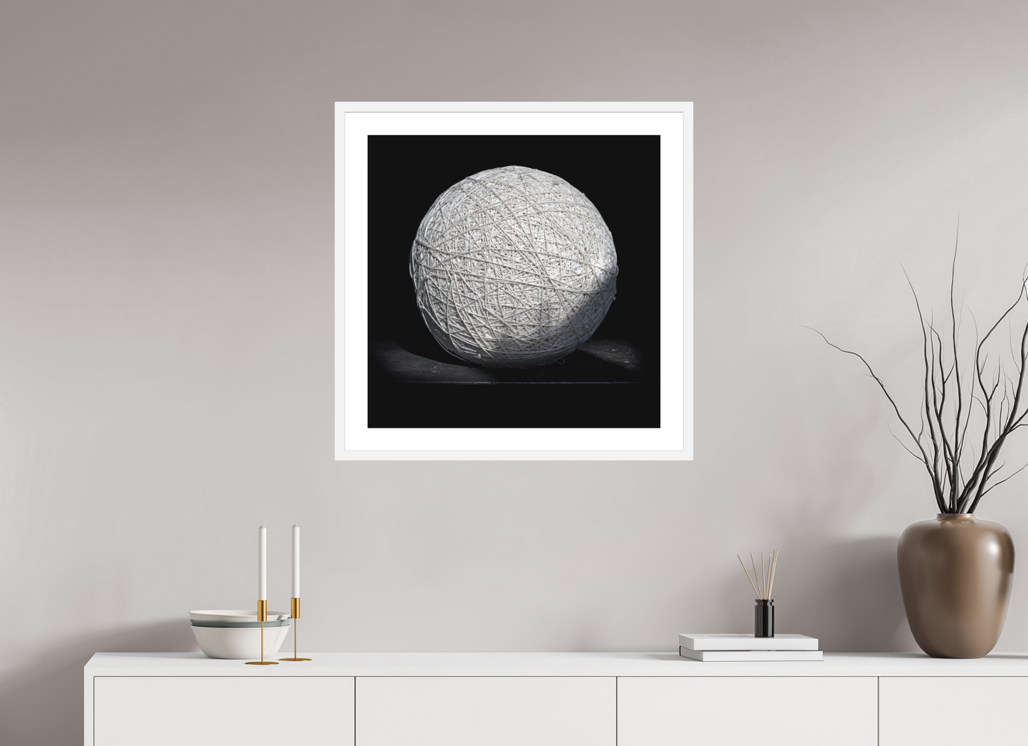 25 x 25″, Solid 0.8" White Wood Frame With 2" Natural White Passe-Partout with Museum Glass Ball of String