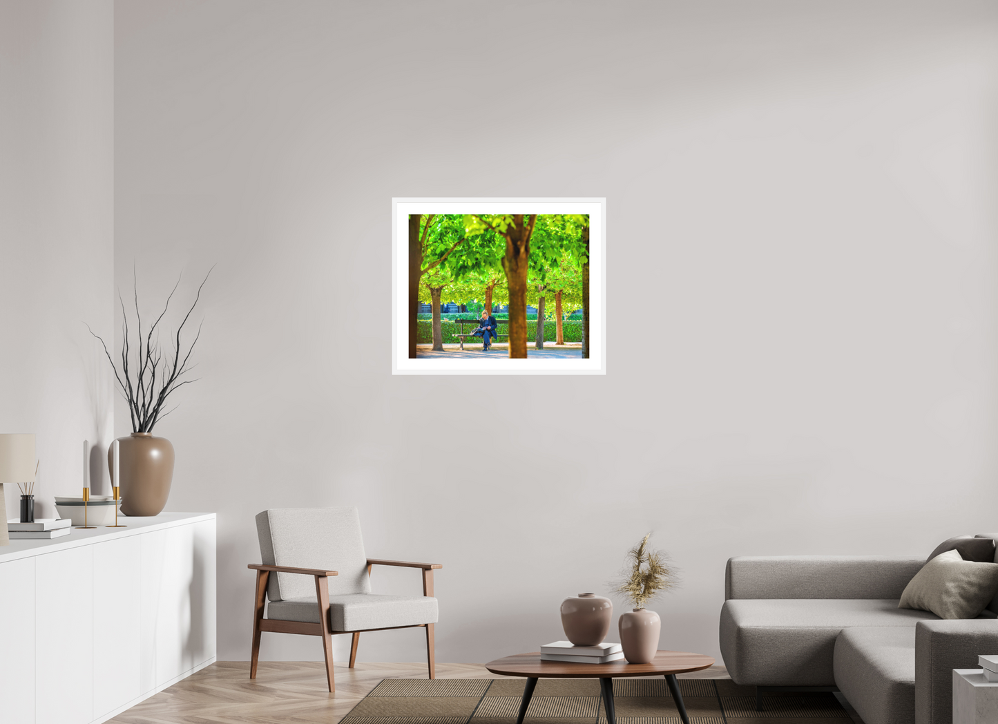 30 x 24″, Solid 0.8" White Wood Frame With 2" Natural White Passe-Partout with Museum Glass Man Reading in Palais-Royal Garden
