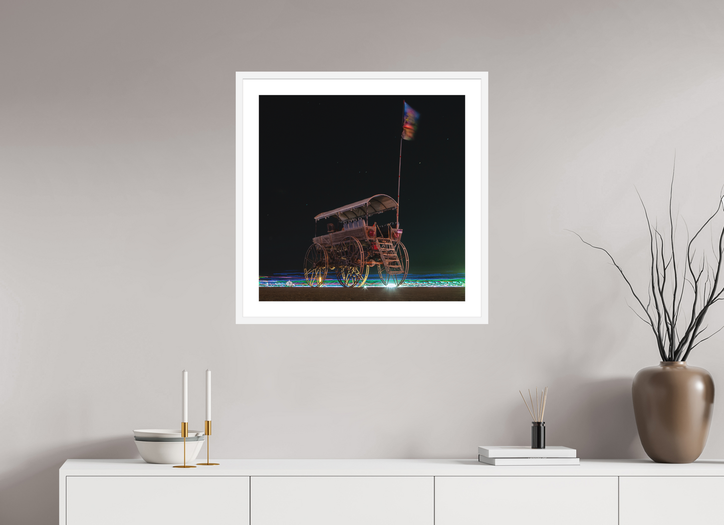 25 x 25″, Solid 0.8" White Wood Frame With 2" Natural White Passe-Partout with Museum Glass Burning Man - Art Car with Flag