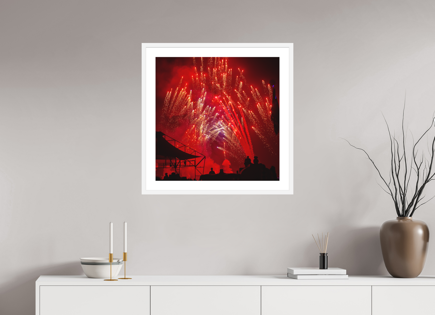 25 x 25″, Solid 0.8" White Wood Frame With 2" Natural White Passe-Partout with Museum Glass Burning Man - Red Fireworks (square format)