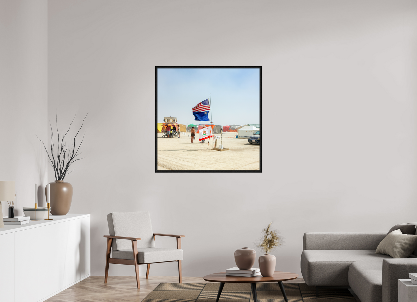 40 x 40″, Floater Frame Burning Man - Woman with Flags