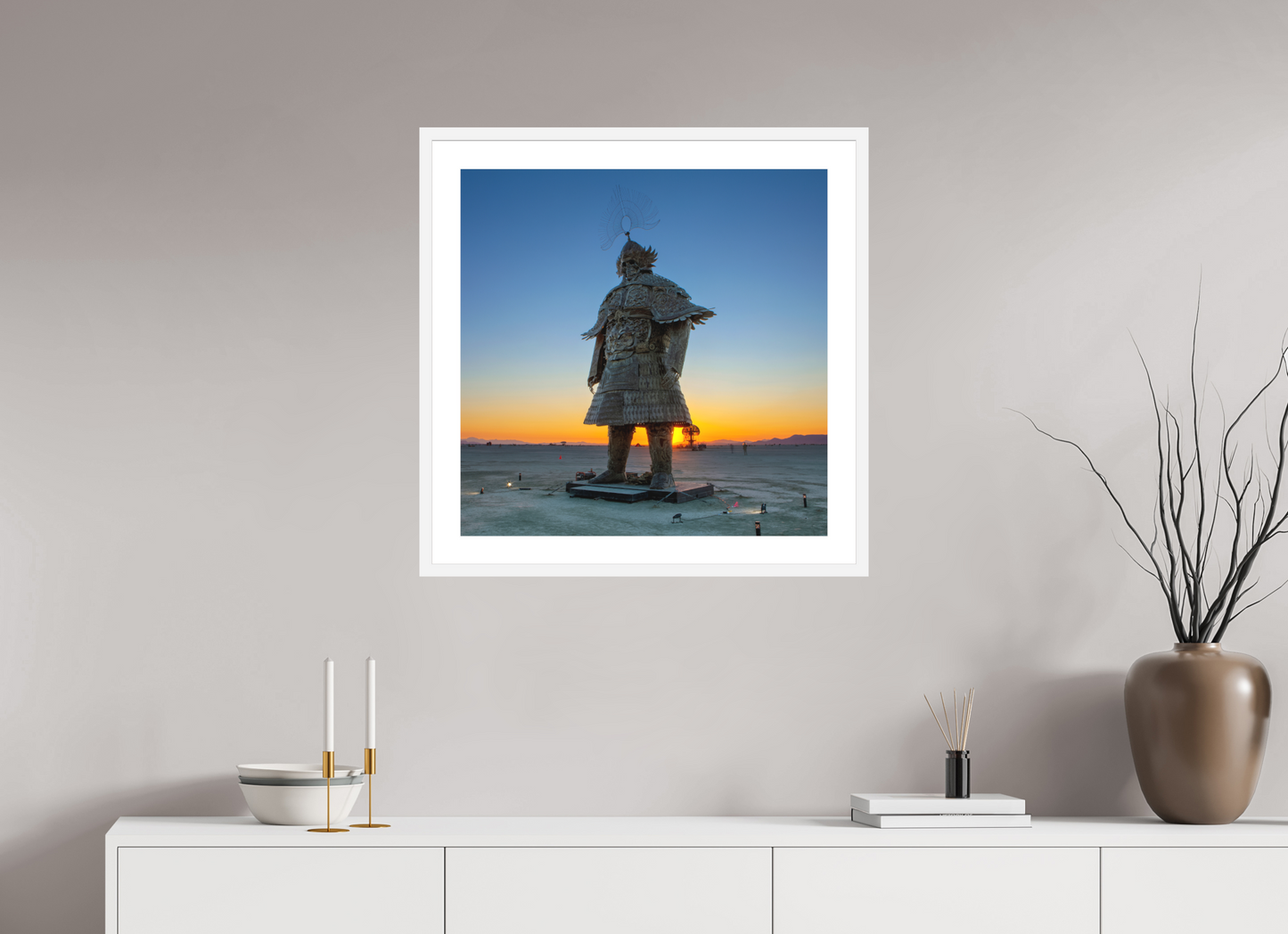 25 x 25″, Solid 0.8" White Wood Frame With 2" Natural White Passe-Partout with Museum Glass Burning Man - The Samurai at Dawn (square format)