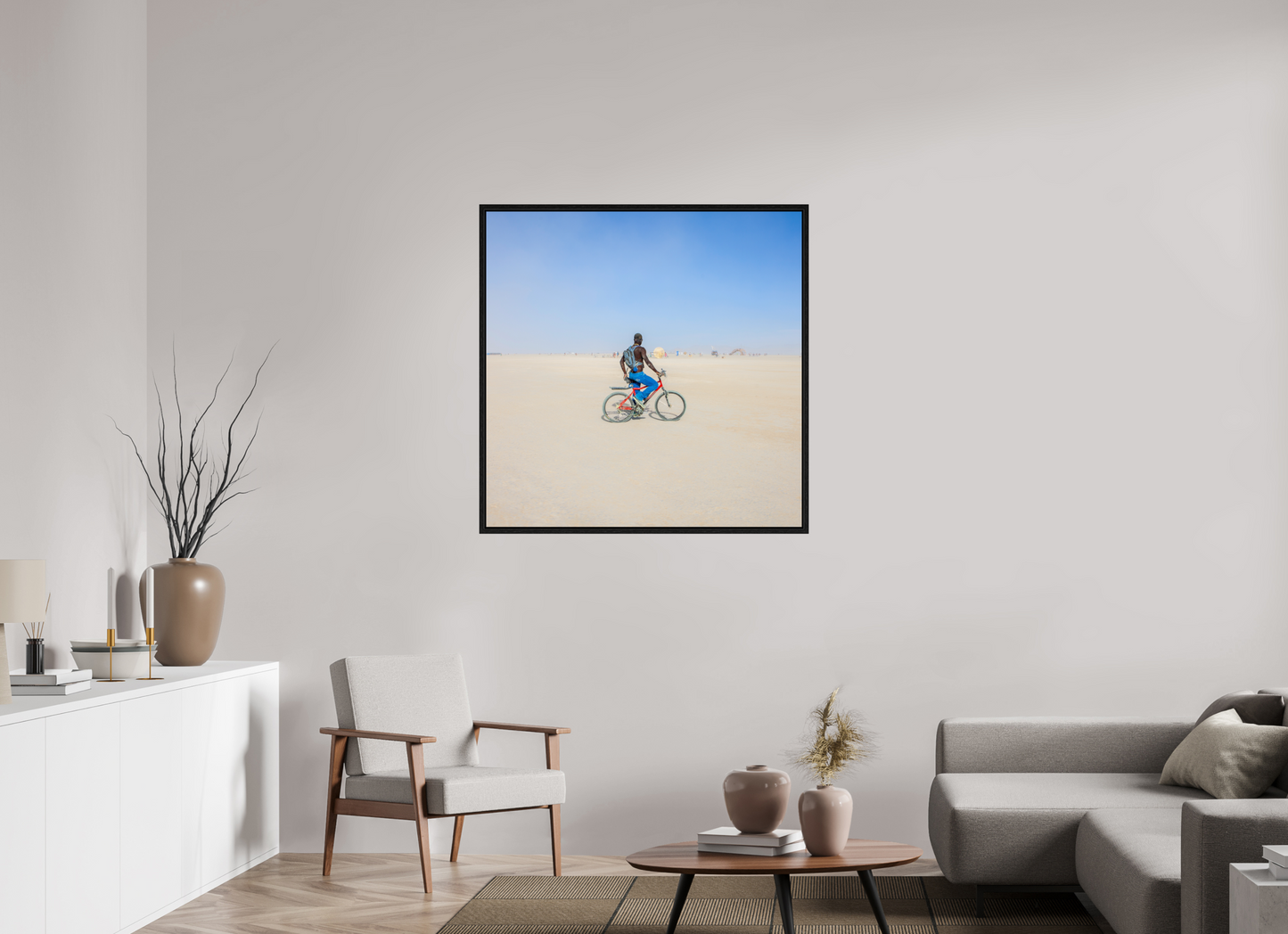 40 x 40″, Floater Frame Burning Man - Man on Red Bike