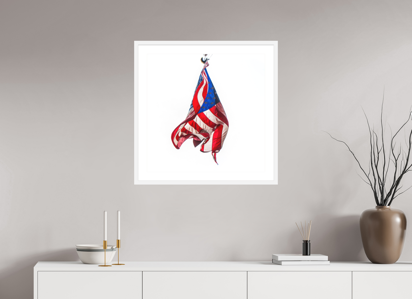 25 x 25″, Solid 0.8" White Wood Frame With 2" Natural White Passe-Partout with Museum Glass Crumpled USA Flag