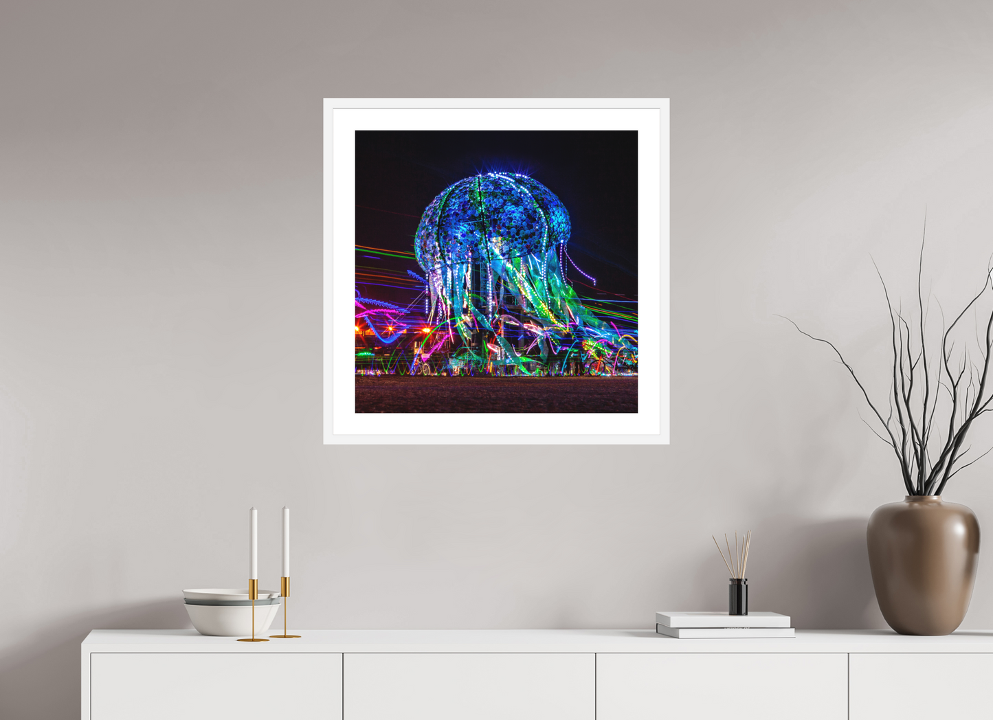 25 x 25″, Solid 0.8" White Wood Frame With 2" Natural White Passe-Partout with Museum Glass Burning Man - Glass Jellyfish (square format)