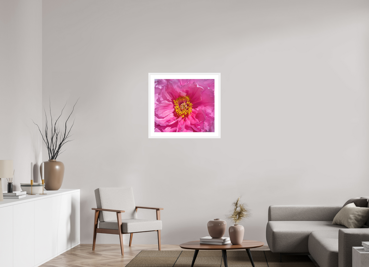 27 x 24″, Solid 0.8" White Wood Frame With 2" Natural White Passe-Partout with Museum Glass Pink Flower
