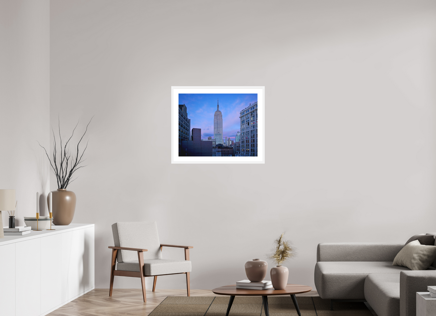 30 x 24″, Solid 0.8" White Wood Frame With 2" Natural White Passe-Partout with Museum Glass The Empire State Building at Dusk