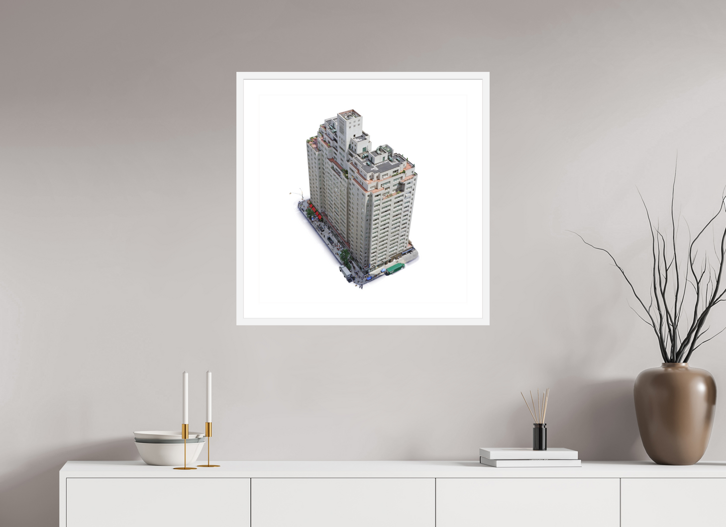 25 x 25″, Solid 0.8" White Wood Frame With 2" Natural White Passe-Partout with Museum Glass New York City Apartment Building