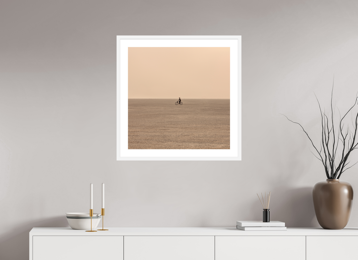 25 x 25″, Solid 0.8" White Wood Frame With 2" Natural White Passe-Partout with Museum Glass Burning Man - Woman on Bike (square format)