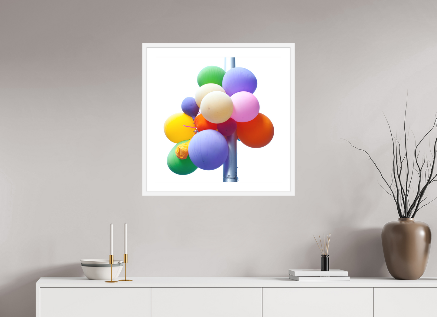 25 x 25″, Solid 0.8" White Wood Frame With 2" Natural White Passe-Partout with Museum Glass Colorful Ballons Tied to a Lamp Post