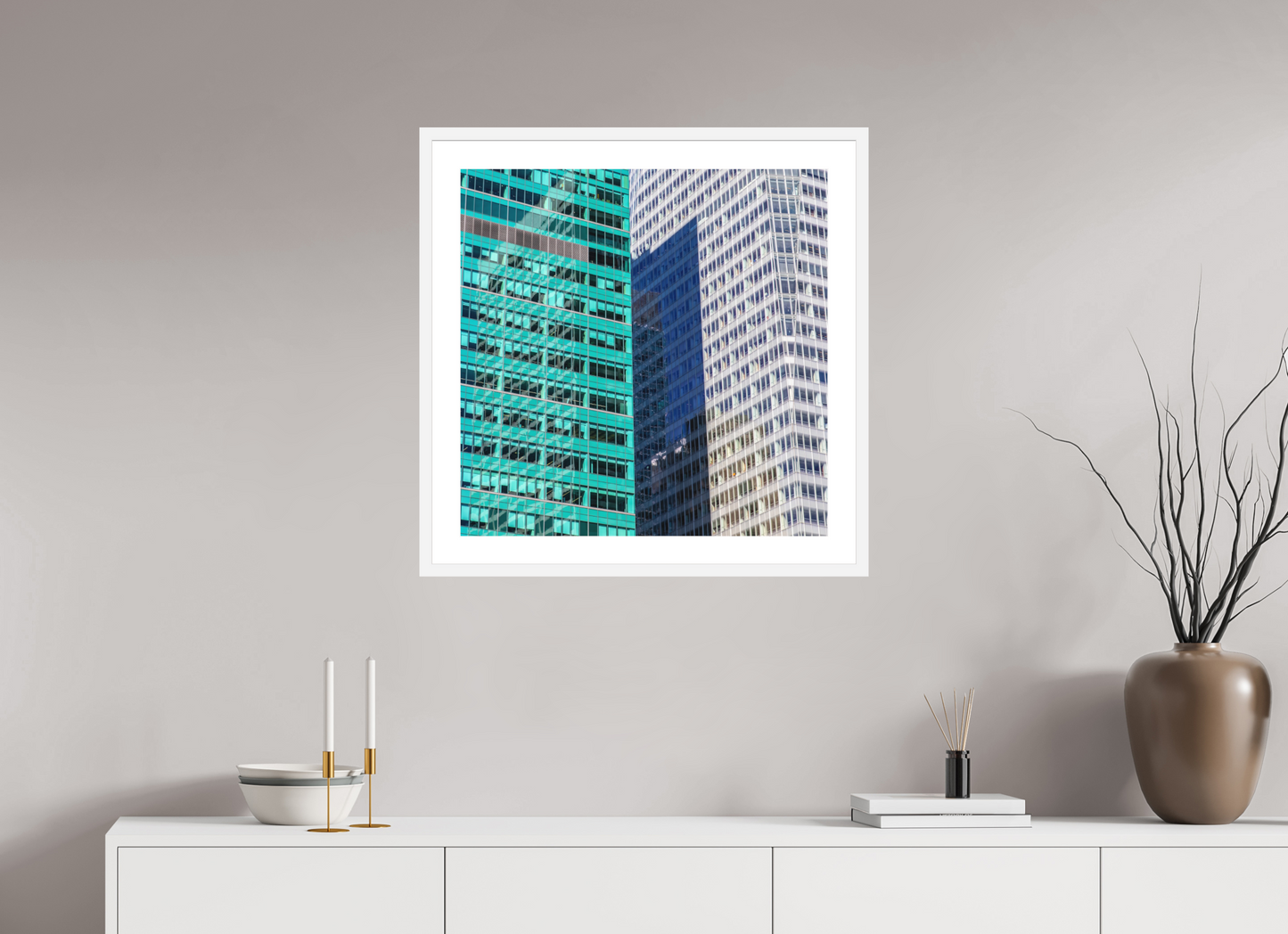 25 x 25″, Solid 0.8" White Wood Frame With 2" Natural White Passe-Partout with Museum Glass Green and White Office Buildings