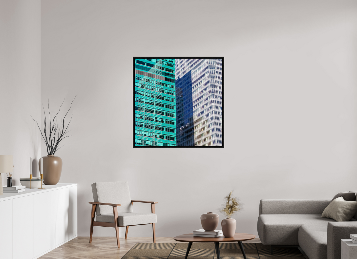 40 x 40″, Floater Frame Green and White Office Buildings