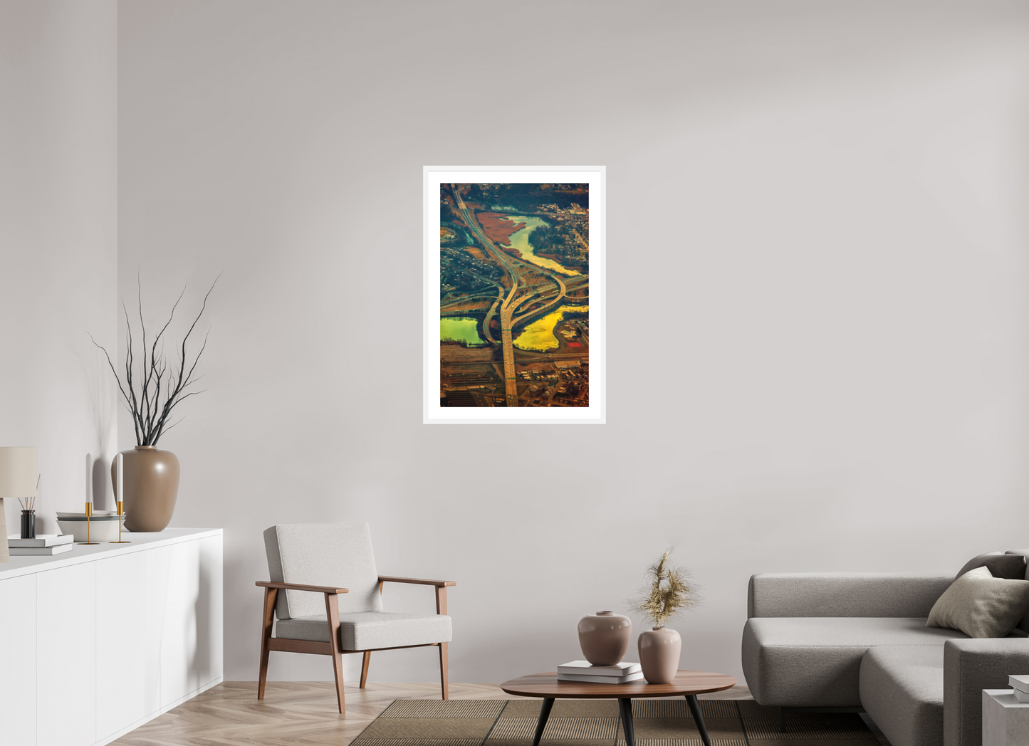 24 x 36″, Solid 0.8" White Wood Frame With 2" Natural White Passe-Partout with Museum Glass Aerial View of Highway