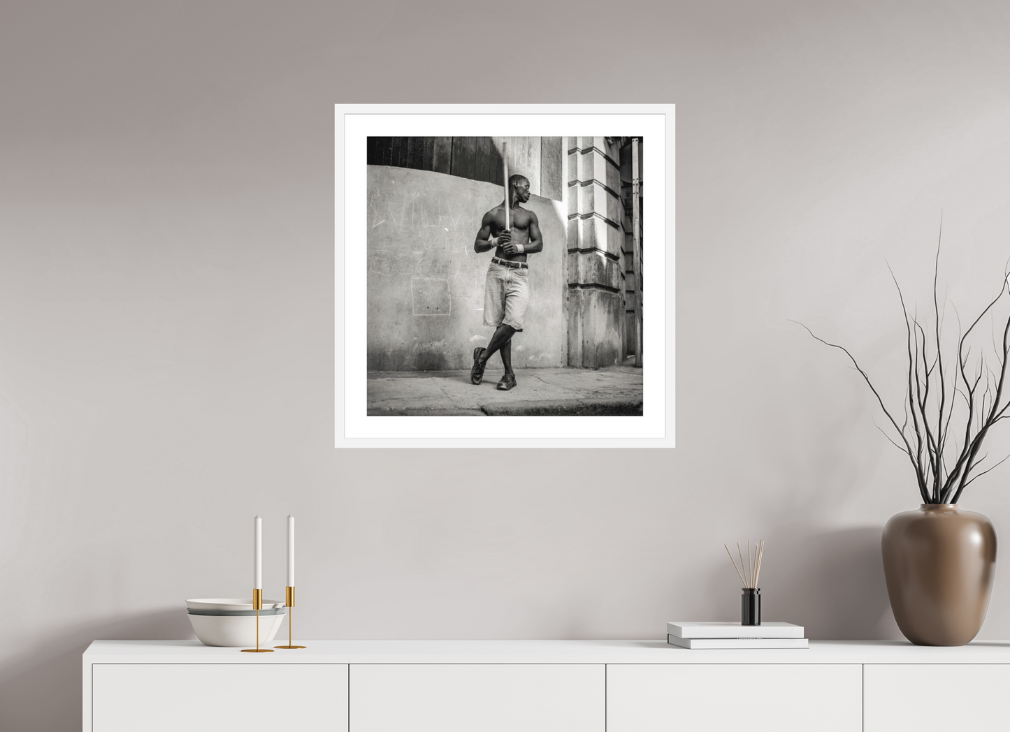 24 x 24.3″, Solid 0.8" White Wood Frame With 2" Natural White Passe-Partout with Museum Glass Cuban Boy Playing Stickball, Havana