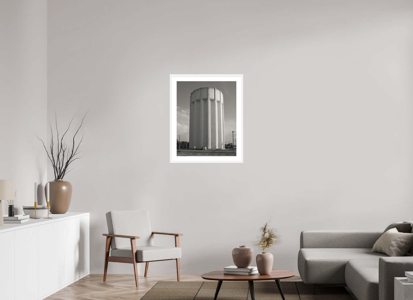 24 x 30″, Solid 0.8" White Wood Frame With 2" Natural White Passe-Partout with Museum Glass Ribbed Water Tower Kansas