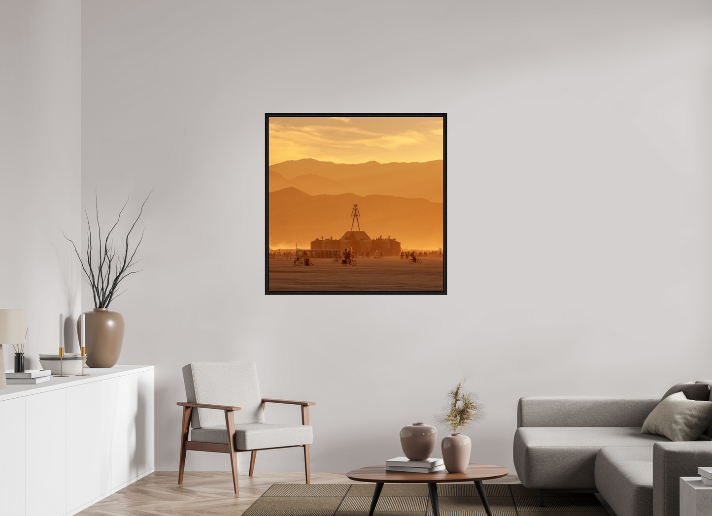 40 x 40″, Floater Frame Burning Man with Mountains