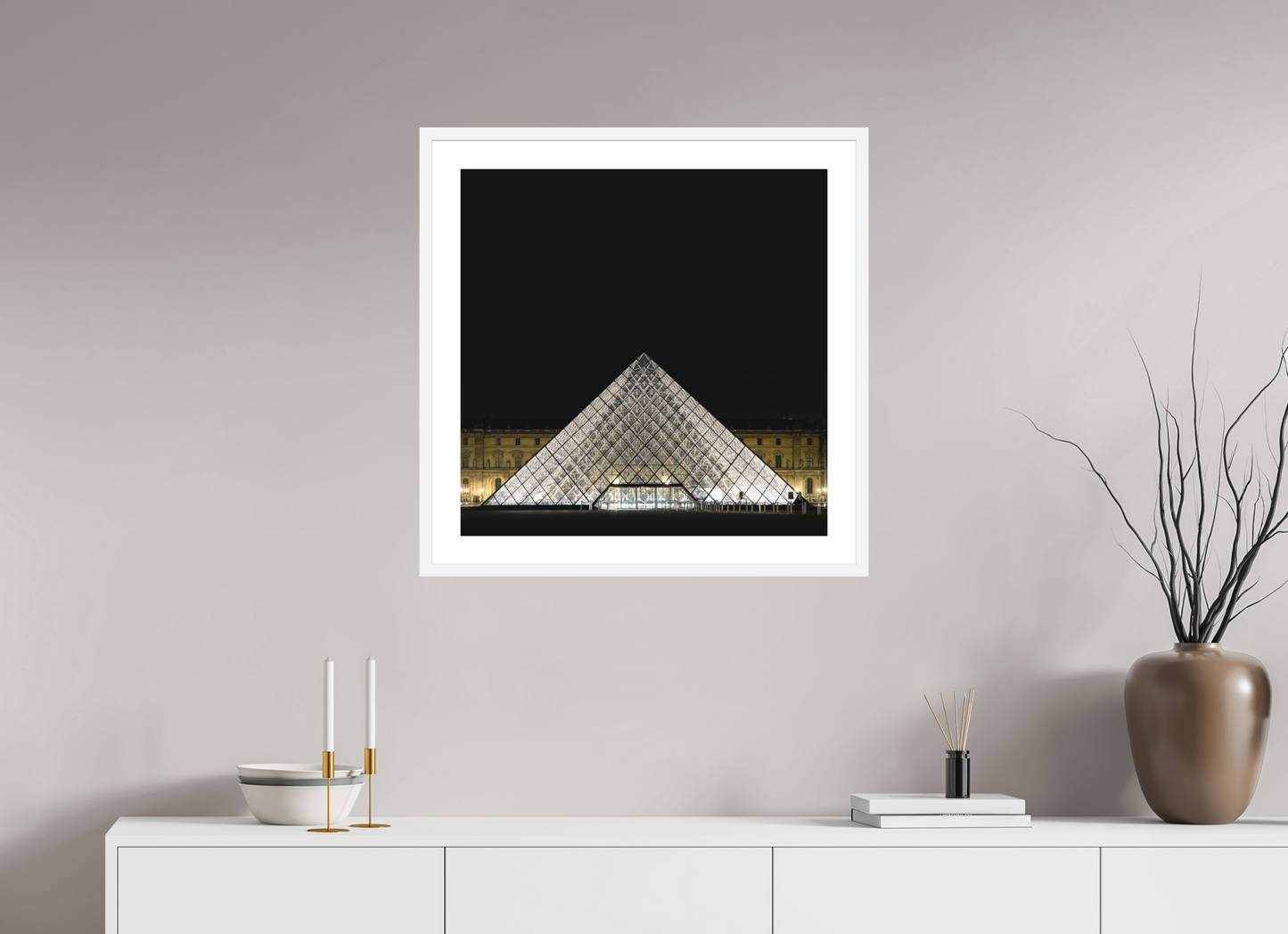 25 x 25″, Solid 0.8" White Wood Frame With 2" Natural White Passe-Partout with Museum Glass The Louvre Pyramid