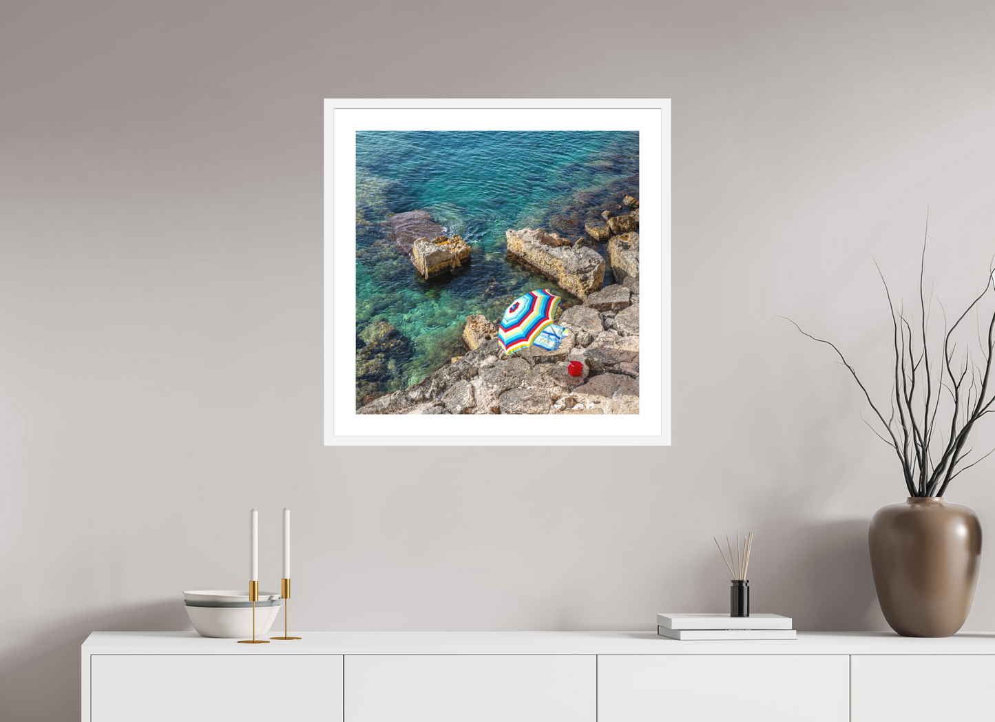 25 x 25″, Solid 0.8" White Wood Frame With 2" Natural White Passe-Partout with Museum Glass Monopoli Beach