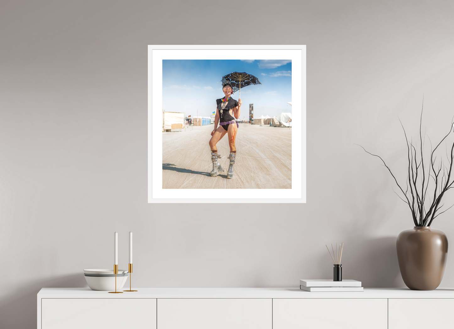 25 x 25″, Solid 0.8" White Wood Frame With 2" Natural White Passe-Partout with Museum Glass Burning Man - Attendee with Parasol