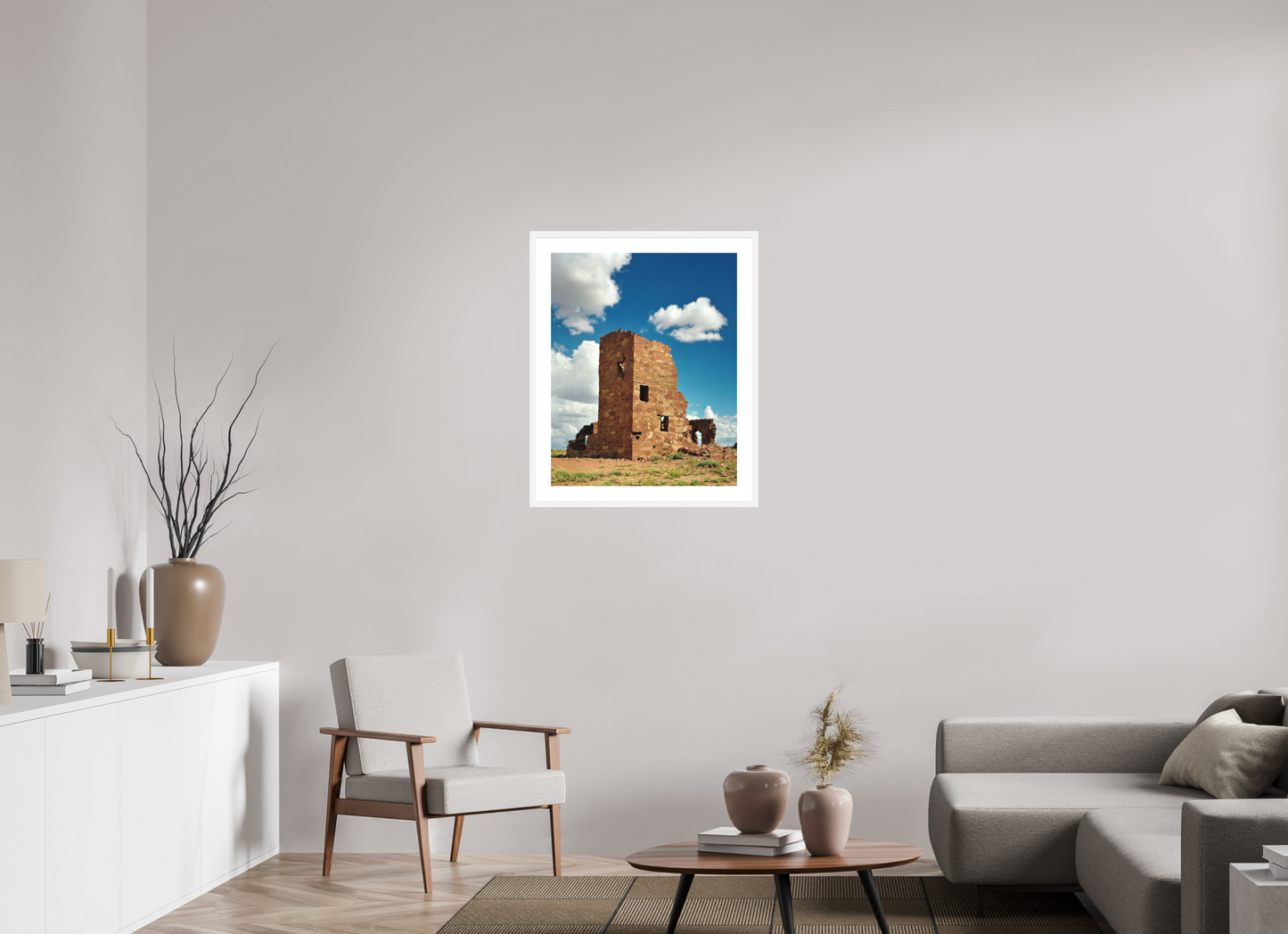 24 x 30″, Solid 0.8" White Wood Frame With 2" Natural White Passe-Partout with Museum Glass Adobe Ruin