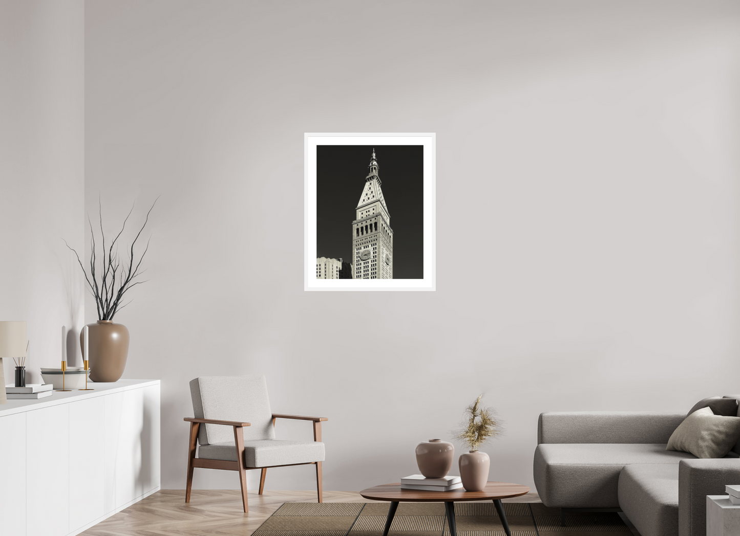 24 x 30″, Solid 0.8" White Wood Frame With 2" Natural White Passe-Partout with Museum Glass Metropolitan Life Insurance Company Tower