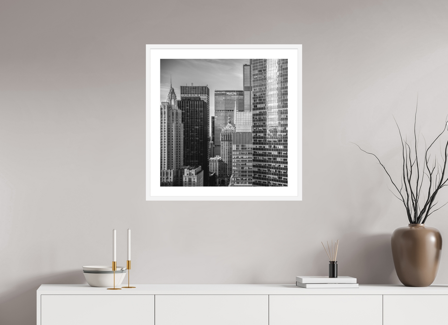 25 x 25″, Solid 0.8" White Wood Frame With 2" Natural White Passe-Partout with Museum Glass Midtown New York City