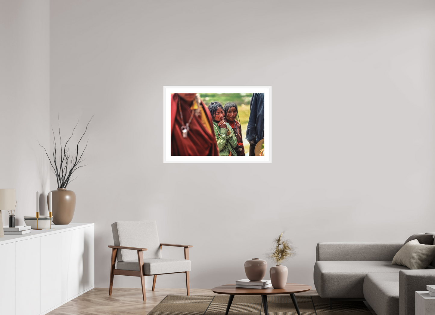 35.6 x 24″, Solid 0.8" White Wood Frame With 2" Natural White Passe-Partout with Museum Glass Tibetan Girl in Green Jacket