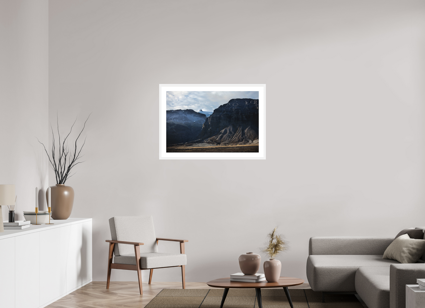 36 x 24″, Solid 0.8" White Wood Frame With 2" Natural White Passe-Partout with Museum Glass Iceland Black Mountains